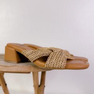 Boho Beach Raffia Straw X-Strap Slip On Block Heels Sandals Natural Tan 8.5M NEW